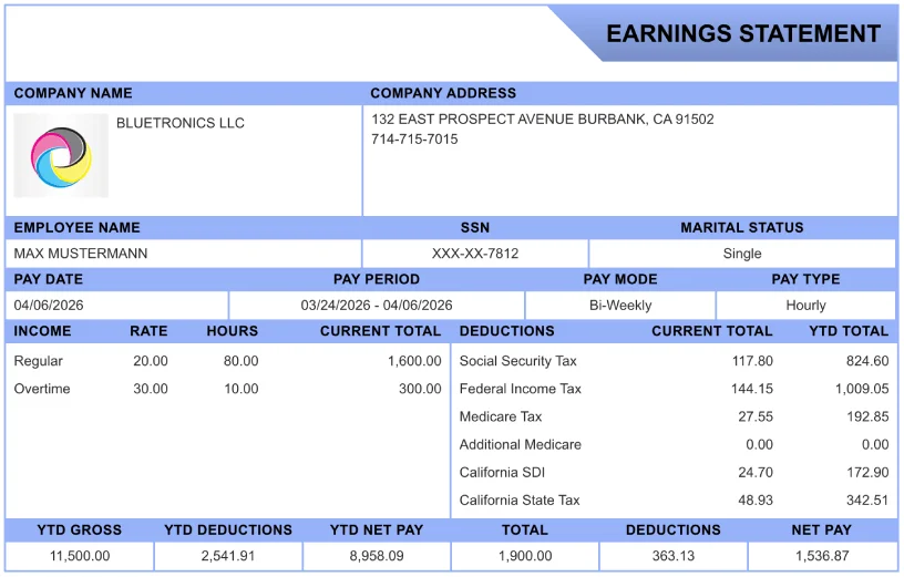 Modern blue template paystub layout design preview